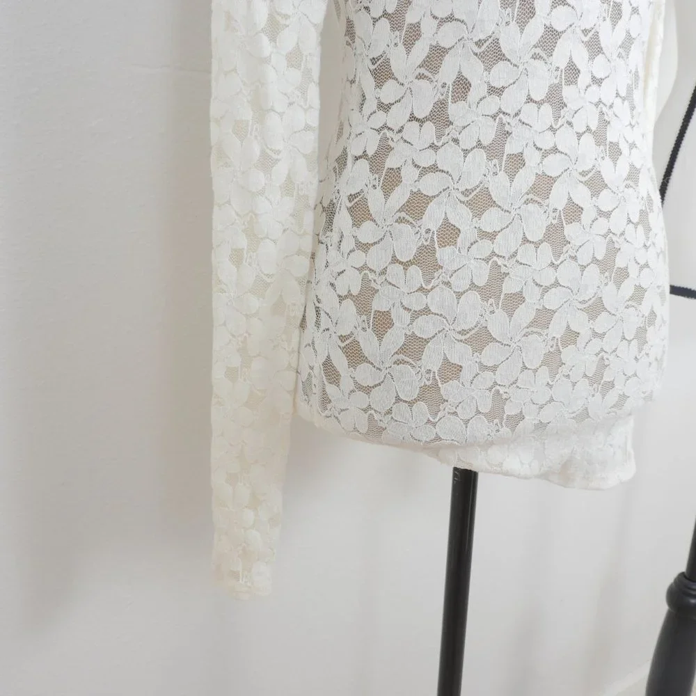 Free People White Lace Long Sleeve Bronze Beaded Silver Sequin SZ XS Top Blouse - Picture 4 of 7